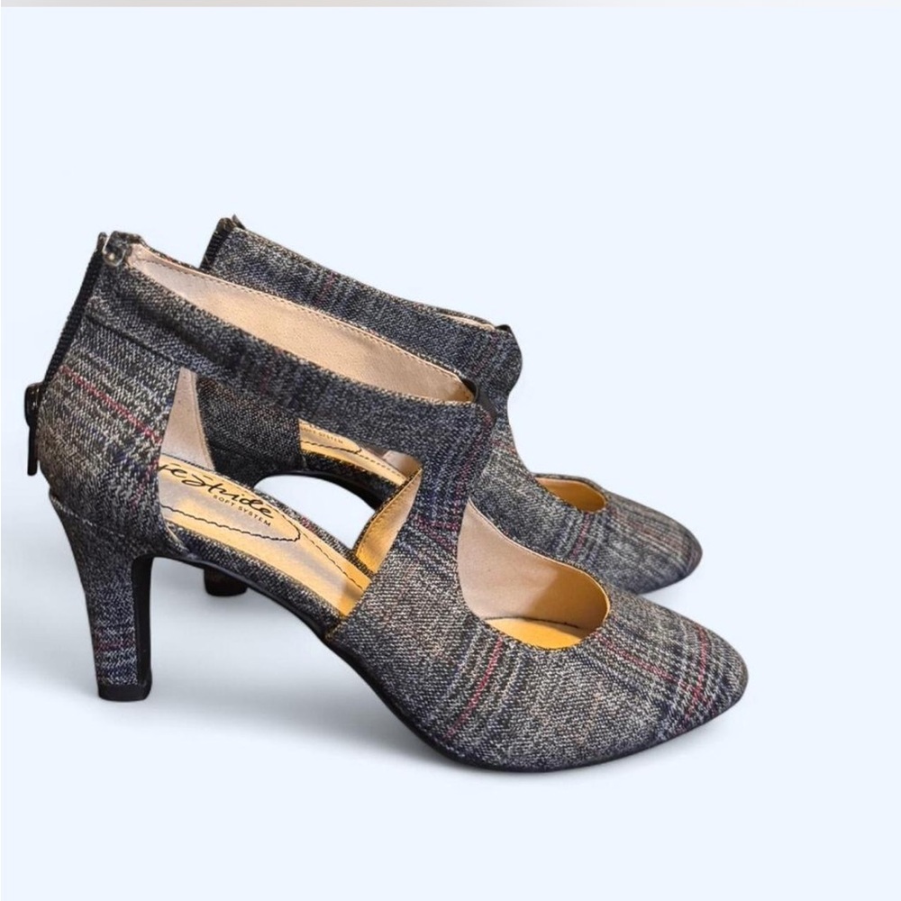 Life Stride Gray Plaid Women's Heels Low Retro Pointed Toe Sz 7